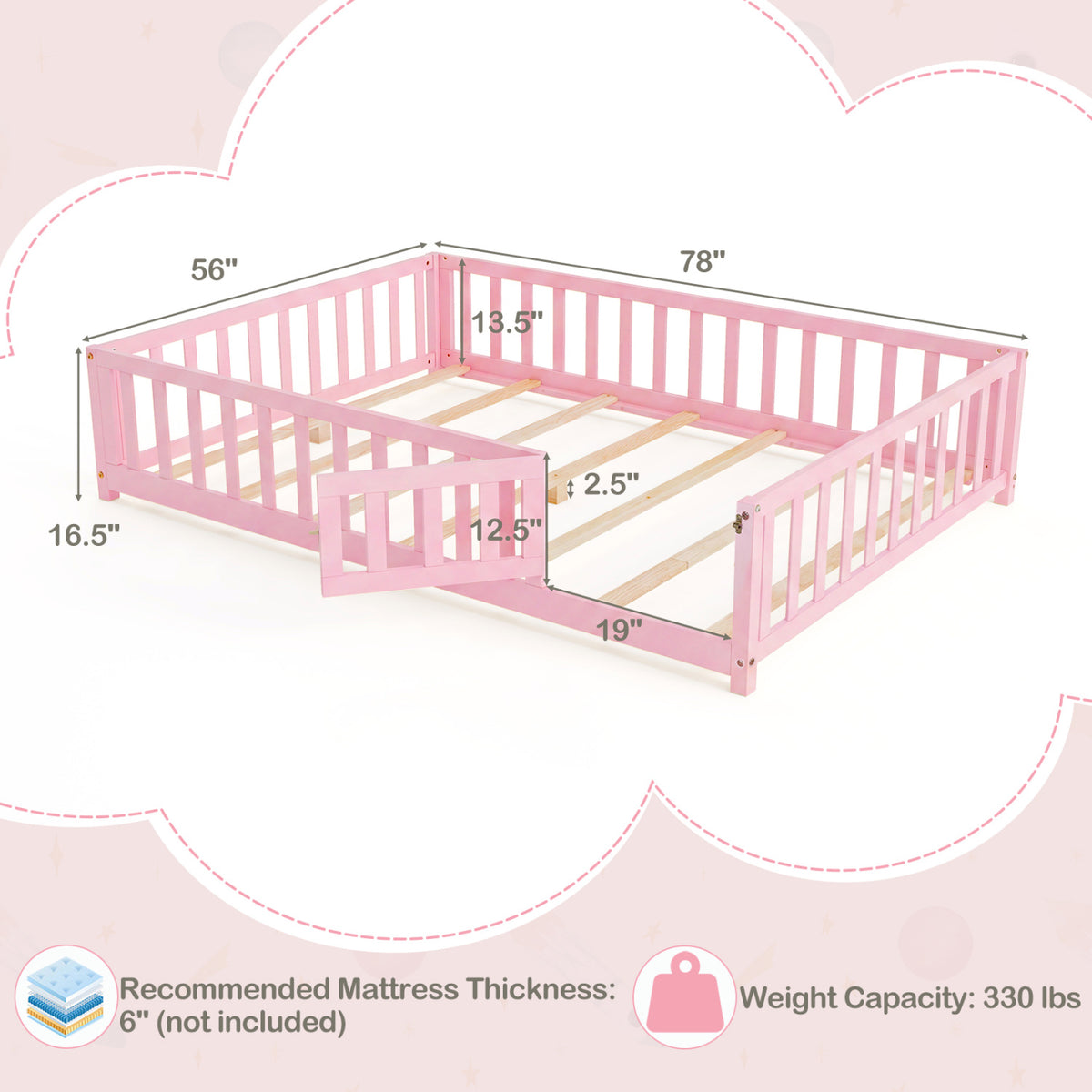 Montessori Bed Frame with Full-length Guardrails Safety Door and Latch-Pink view 5