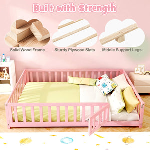 Montessori Bed Frame with Full-length Guardrails Safety Door and Latch-Pink view 6