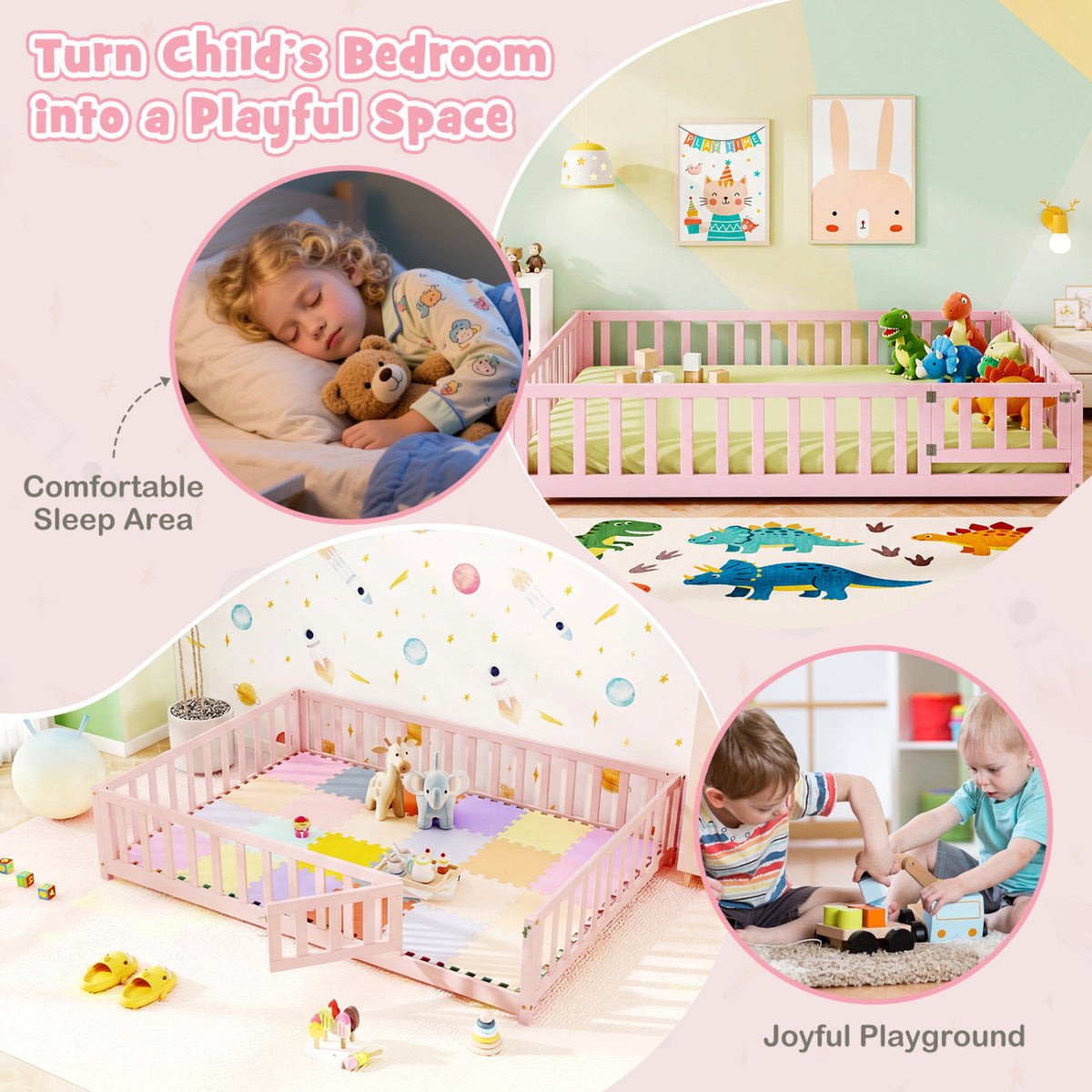 Montessori Bed Frame with Full-length Guardrails Safety Door and Latch-Pink view 7