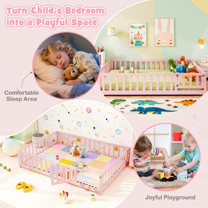 Montessori Bed Frame with Full-length Guardrails Safety Door and Latch-Pink view 7