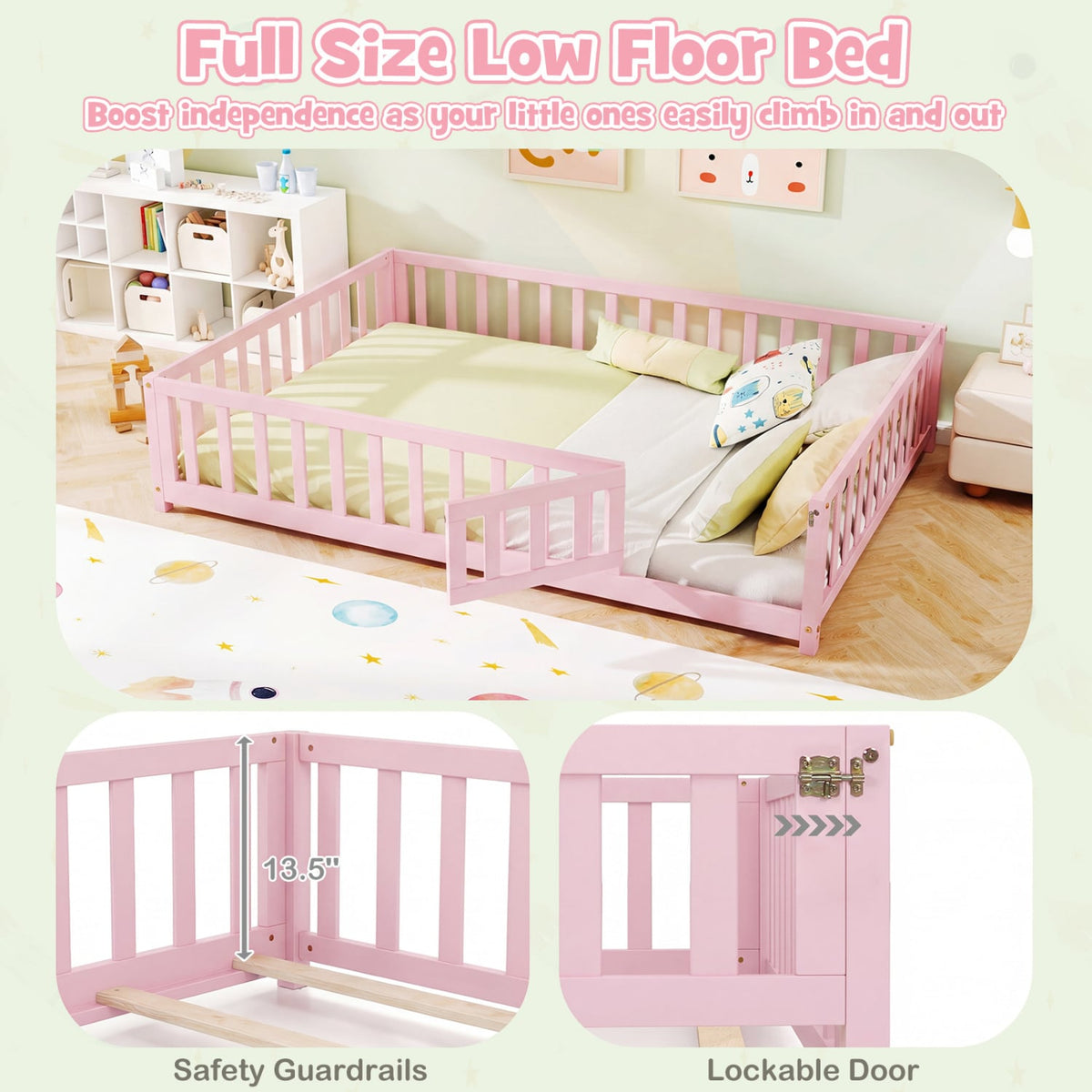 Montessori Bed Frame with Full-length Guardrails Safety Door and Latch-Pink view 8