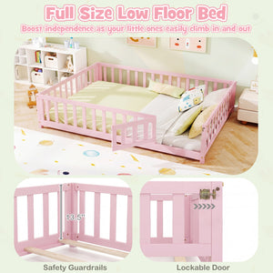 Montessori Bed Frame with Full-length Guardrails Safety Door and Latch-Pink view 8