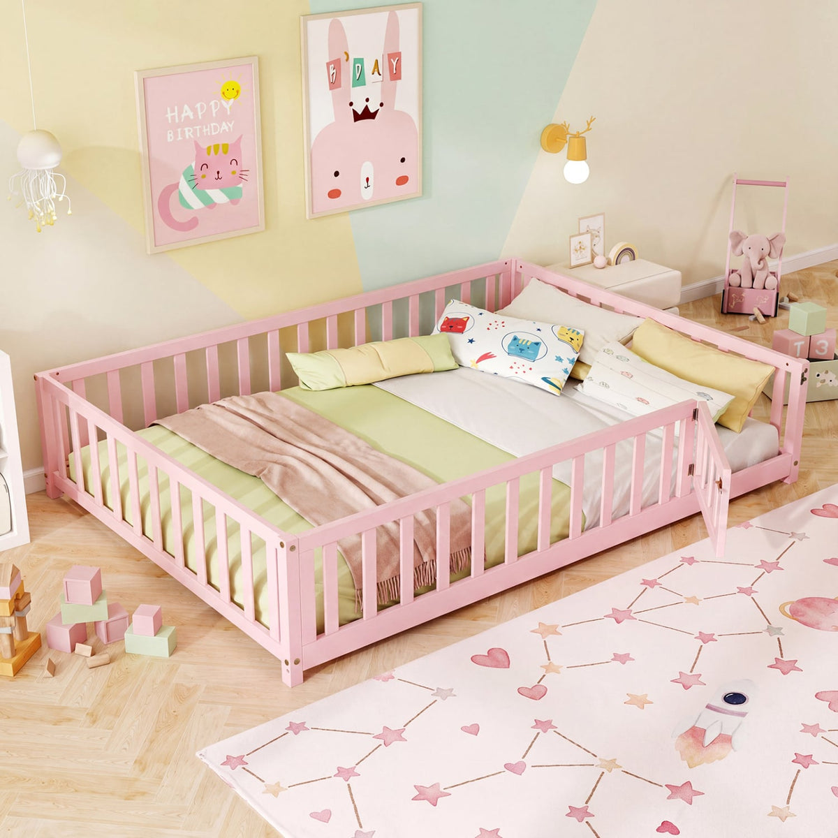 Montessori Bed Frame with Full-length Guardrails Safety Door and Latch-Pink view 9