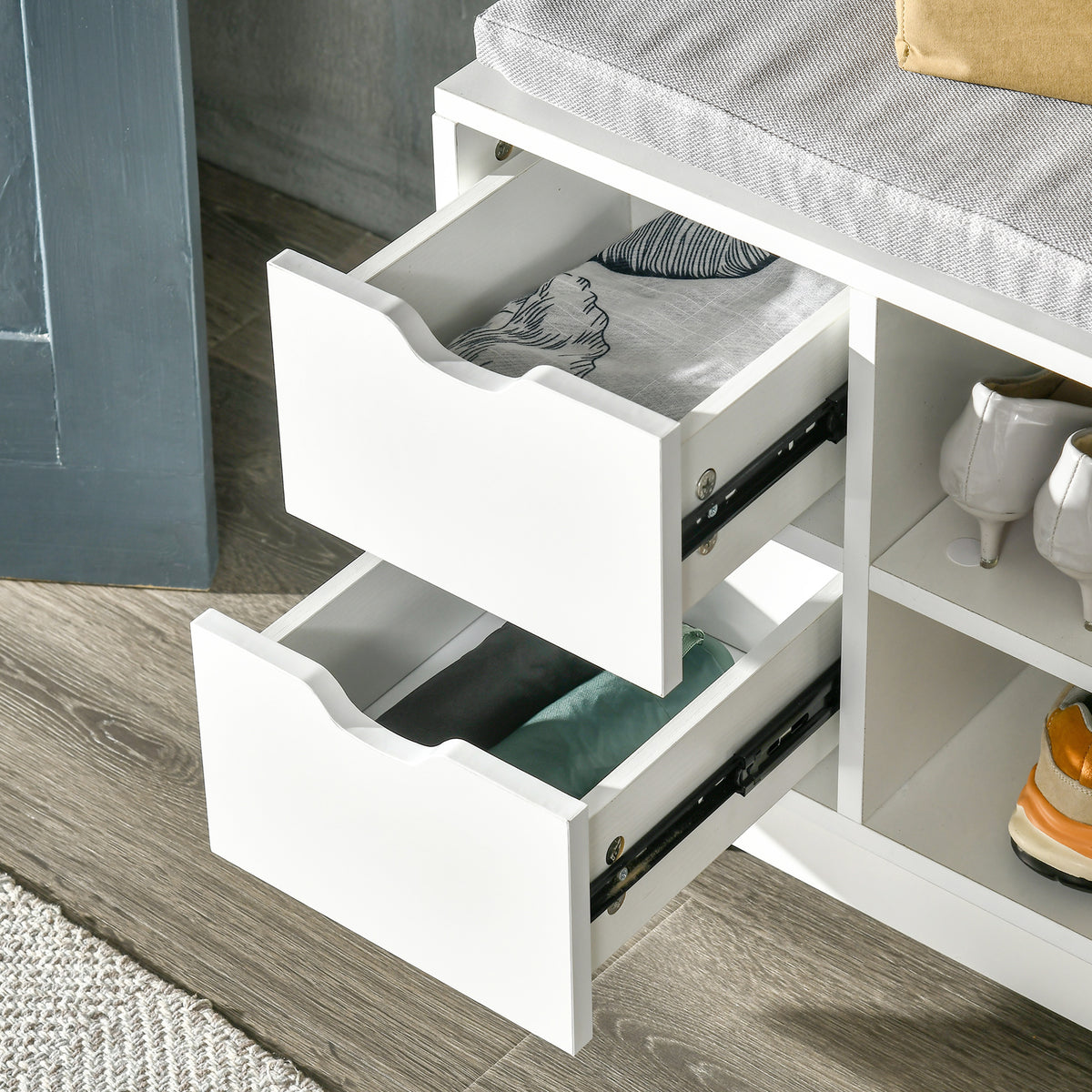 Upholstered Shoe Storage Bench w/ Seat, Entrance Bench w/ Drawer Open Shelves and Pocket for Hallway, White – view 7