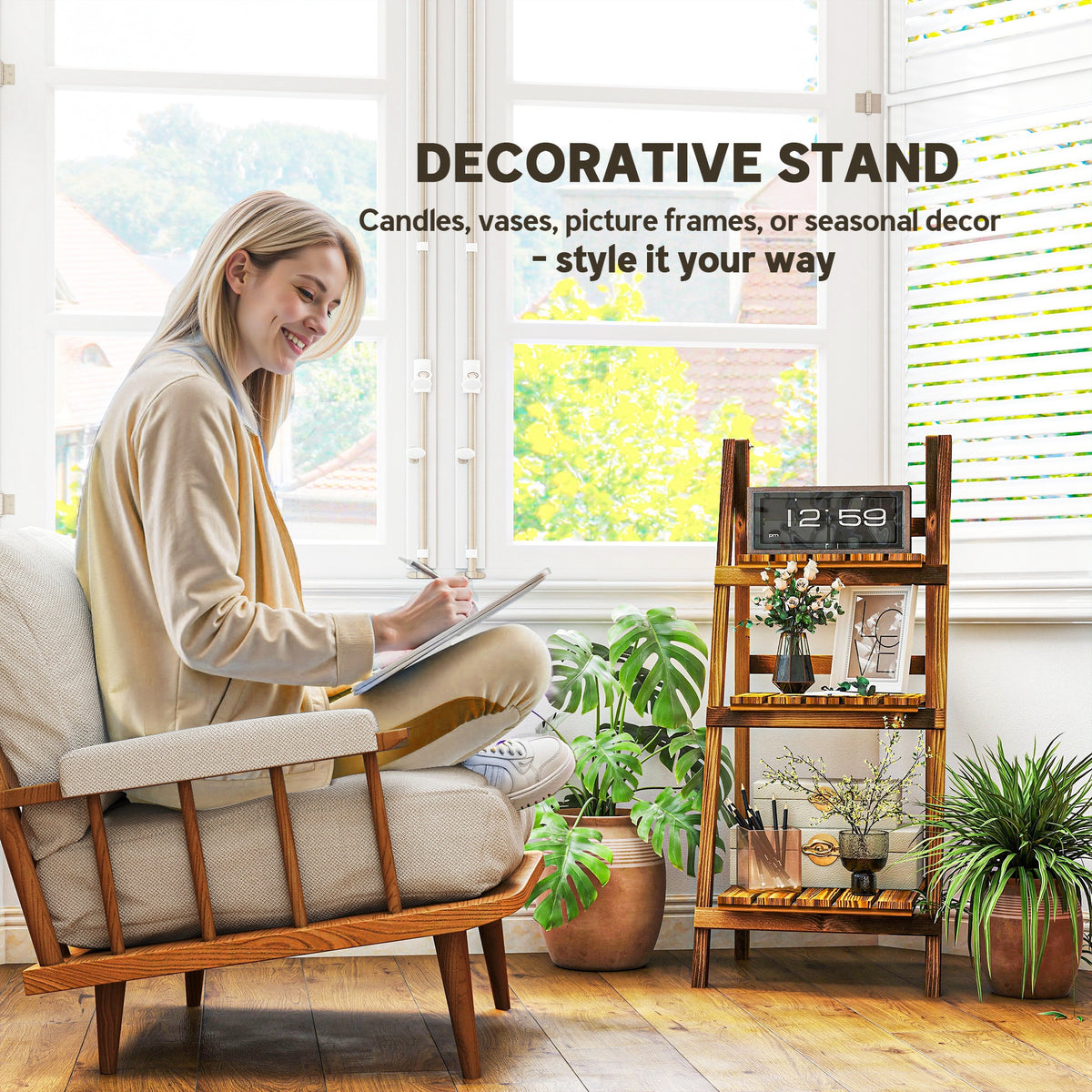 Outdoor Plant Stand, Foldable Flower Stand 3-Tier Wooden Plant Shelf for Garden Indoor Outdoor, 16" x 15" x 37"