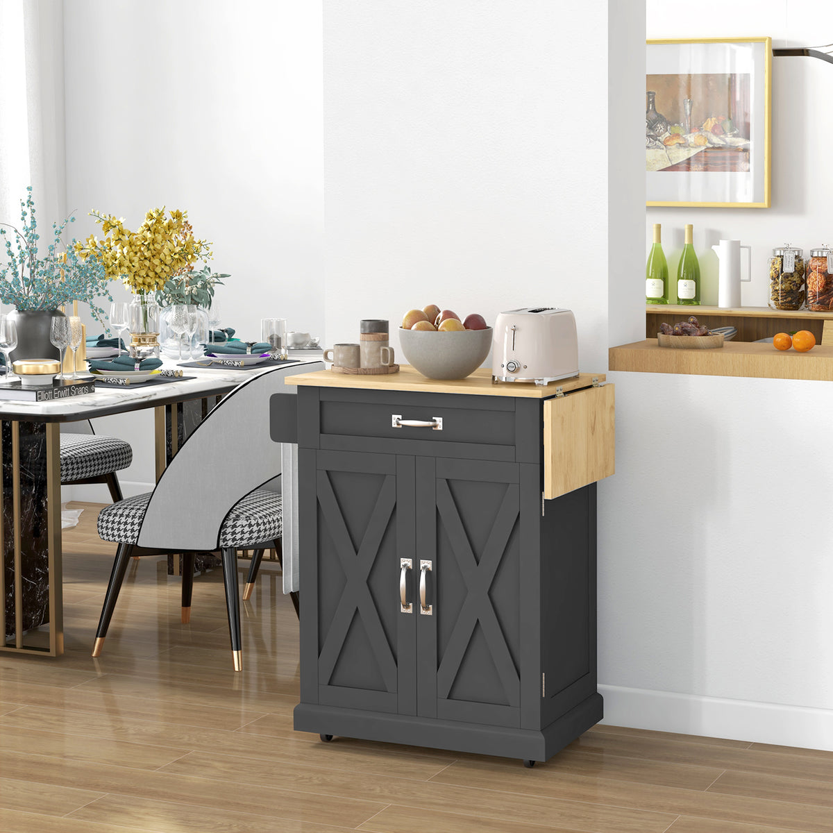 Foldable Kitchen Island with Storage Drawer, Farmhouse Rolling Utility Cart on Wheels with Drop-Leaf Wood – view 7