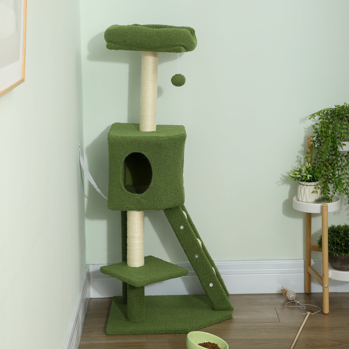 47" Tall Cat Tree Tower with Condo, Ladder, Scratching Posts and Hanging Ball, Light Grey – view 13