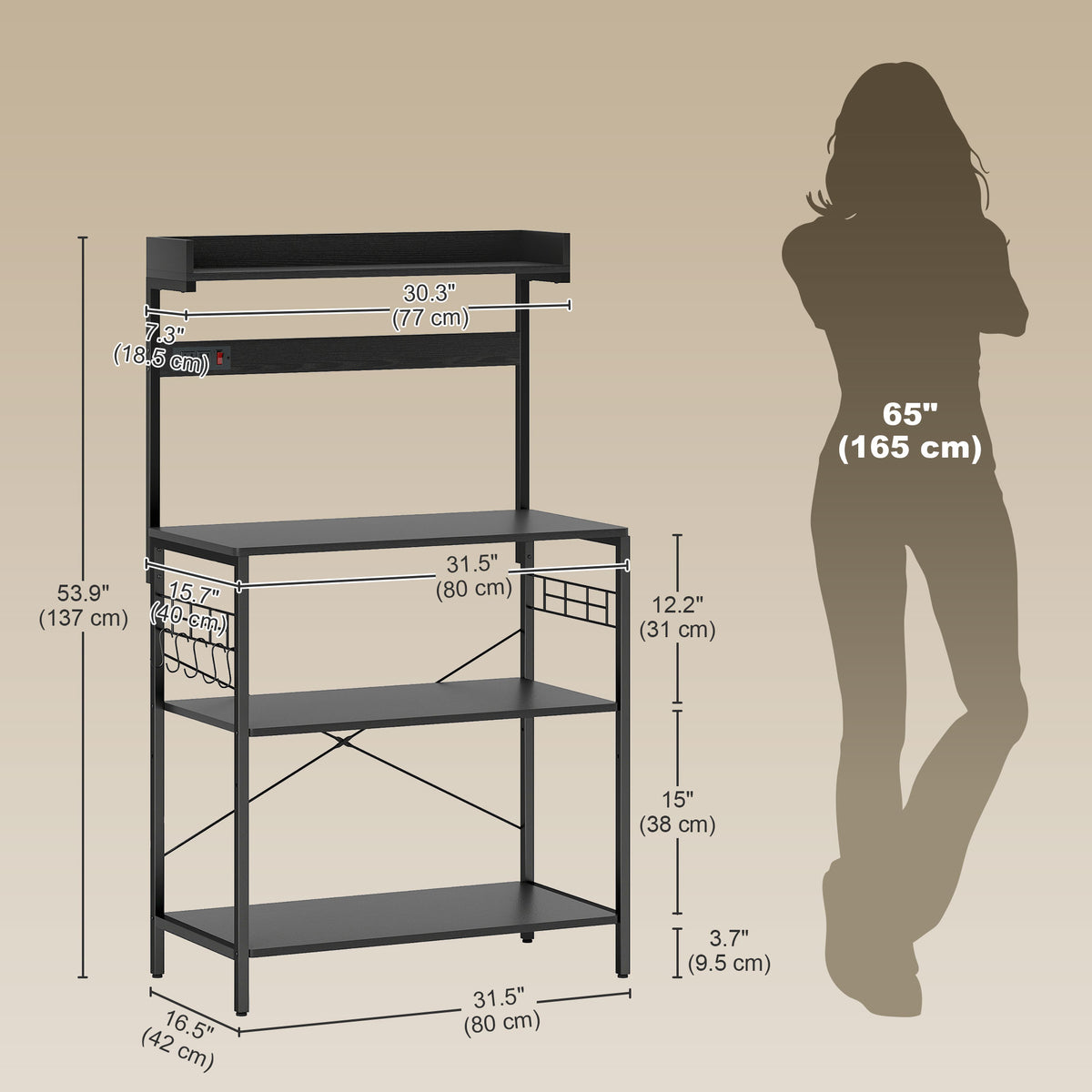 Kitchen Baker's Rack with Power Outlet, Coffee Bar Station with Adjustable Shelves and Hooks – view 23