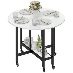 Folding Dining Table, Drop Leaf Table with Open Shelf, Rolling Kitchen Table for Dining Room, Small Spaces, White Marble