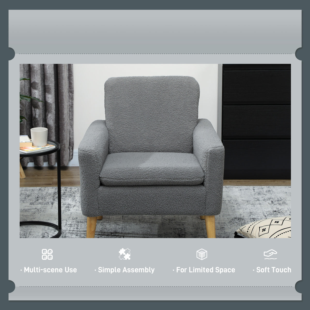 Fabric Accent Chair, Modern Upholstered Armchair with Wood Legs and Wide Padded Seat, Grey