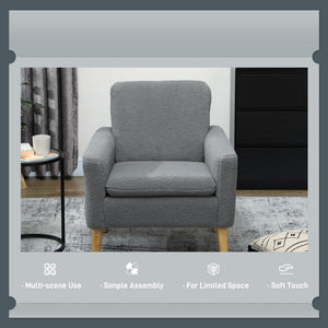 Fabric Accent Chair, Modern Upholstered Armchair with Wood Legs and Wide Padded Seat, Grey