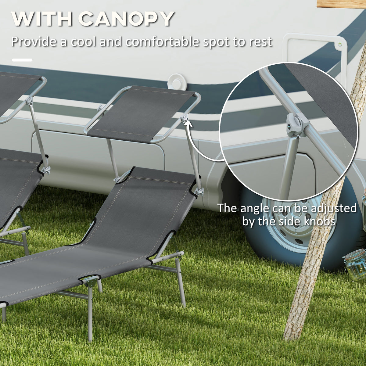 2Pcs Outdoor Lounge Chair, Adjustable Folding Chaise Lounge with Sun Shade for Beach, Camping, Hiking, Grey
