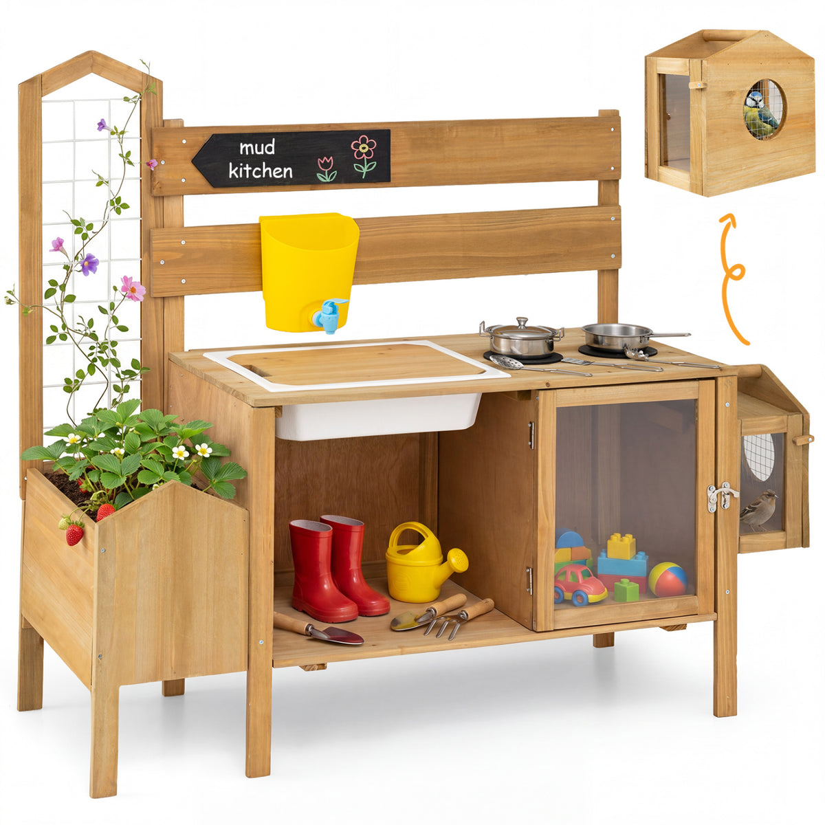Mud Kitchen for Kids with Detachable Bird Cage and Stoves-Natural