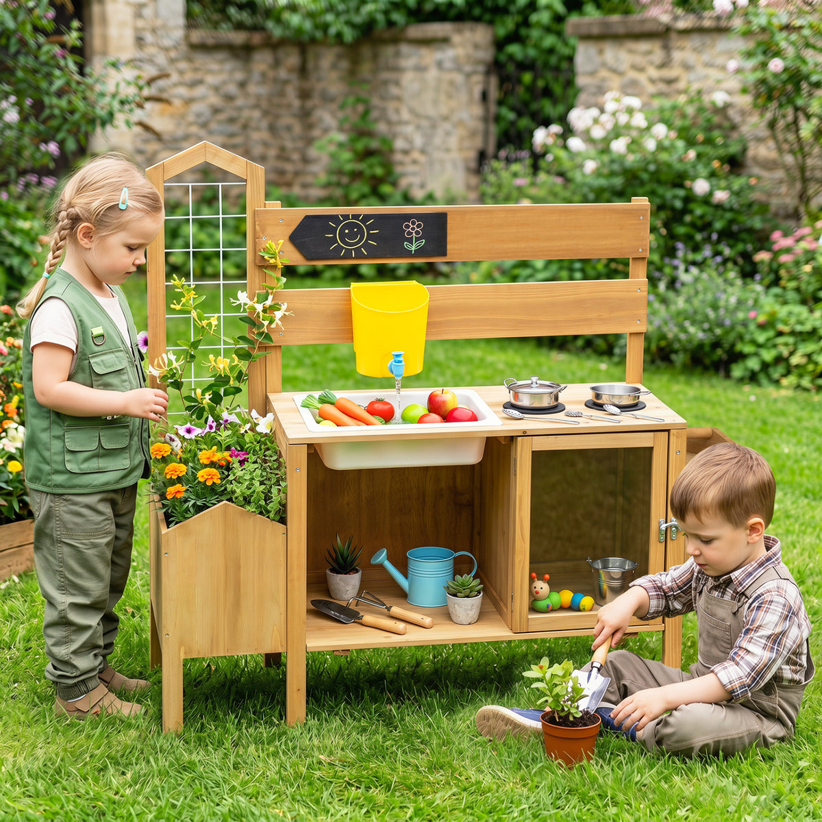 Mud Kitchen for Kids with Detachable Bird Cage and Stoves-Natural view 6