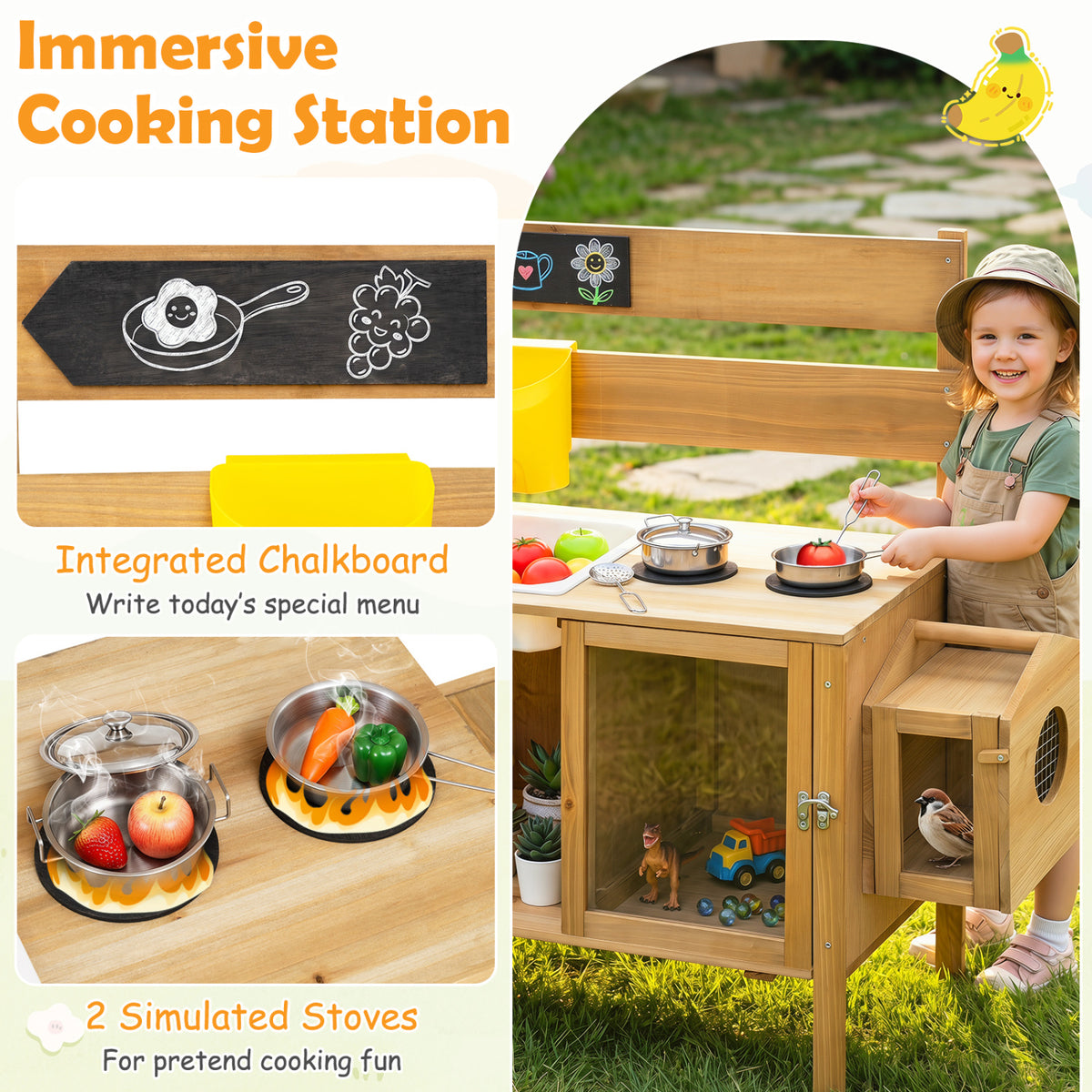 Mud Kitchen for Kids with Detachable Bird Cage and Stoves-Natural view 7