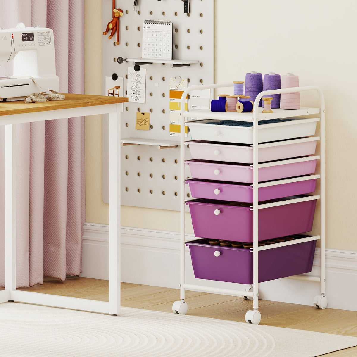 Multifunctional 6 Drawers Rolling Storage Cart Organizer-Purple Gradient view 2