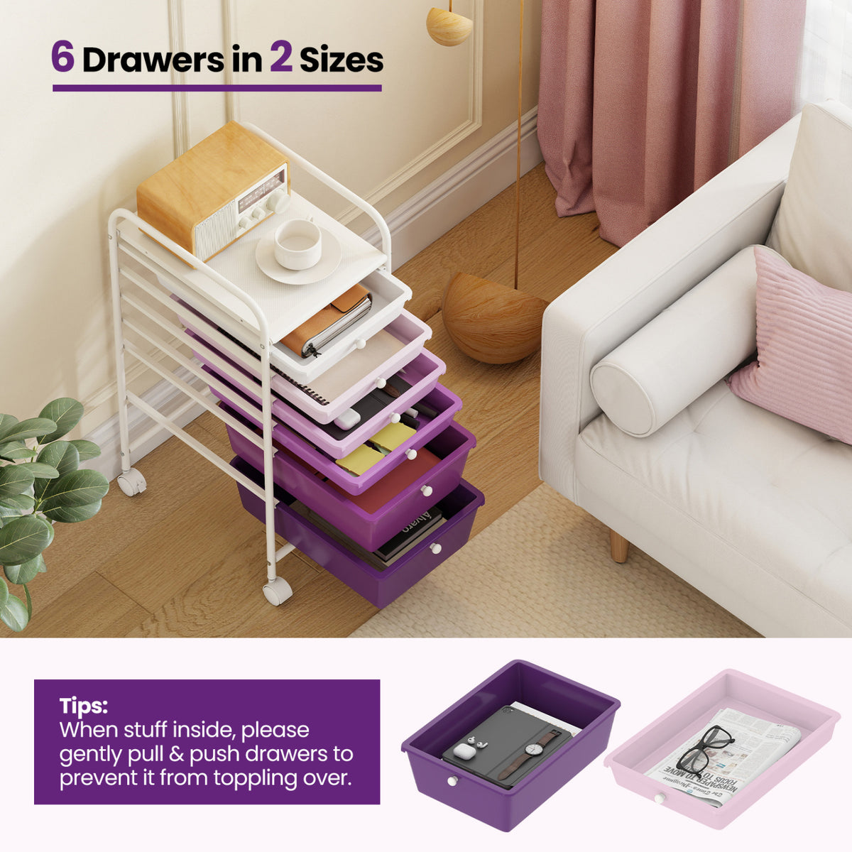 Multifunctional 6 Drawers Rolling Storage Cart Organizer-Purple Gradient view 9