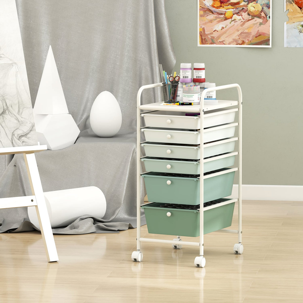Multifunctional 6 Drawers Rolling Storage Cart Organizer-Green Gradient view 6