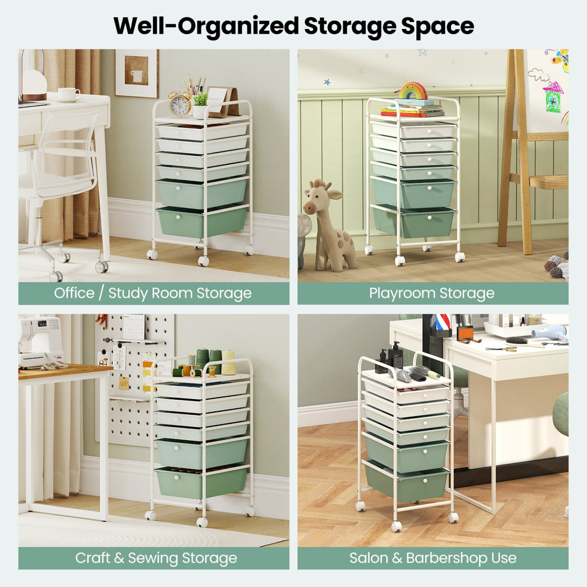 Multifunctional 6 Drawers Rolling Storage Cart Organizer-Green Gradient view 7