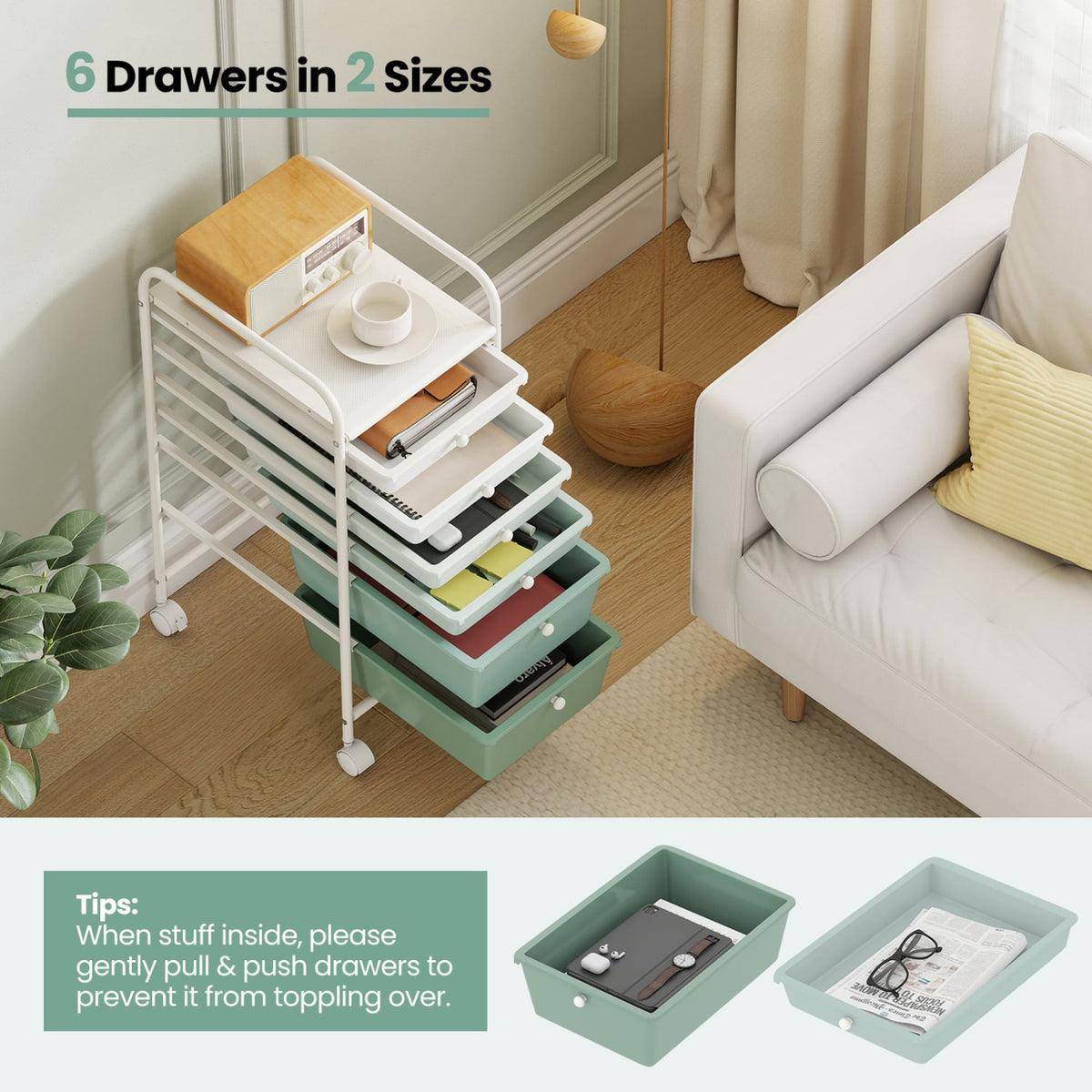 Multifunctional 6 Drawers Rolling Storage Cart Organizer-Green Gradient view 9
