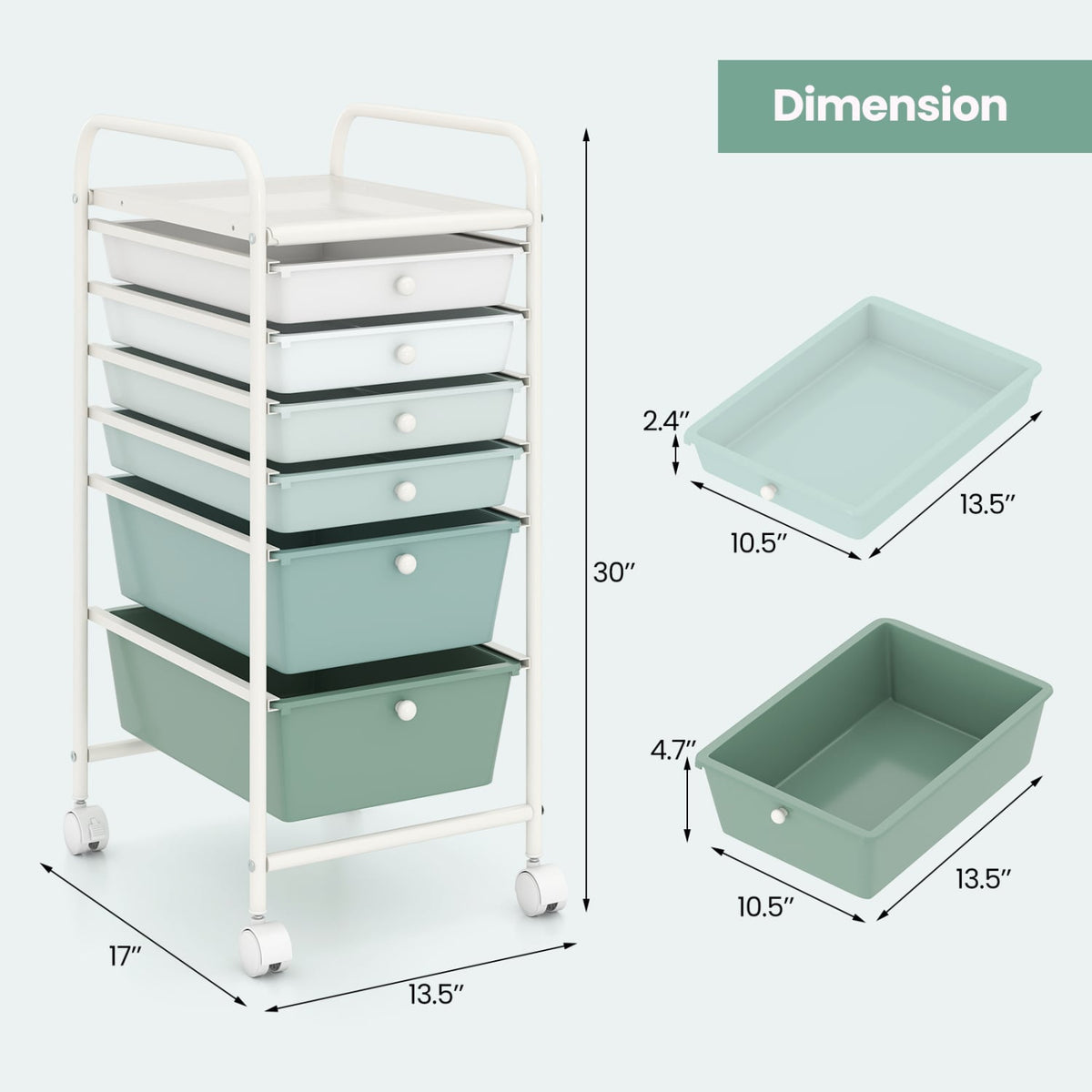 Multifunctional 6 Drawers Rolling Storage Cart Organizer-Green Gradient view 5