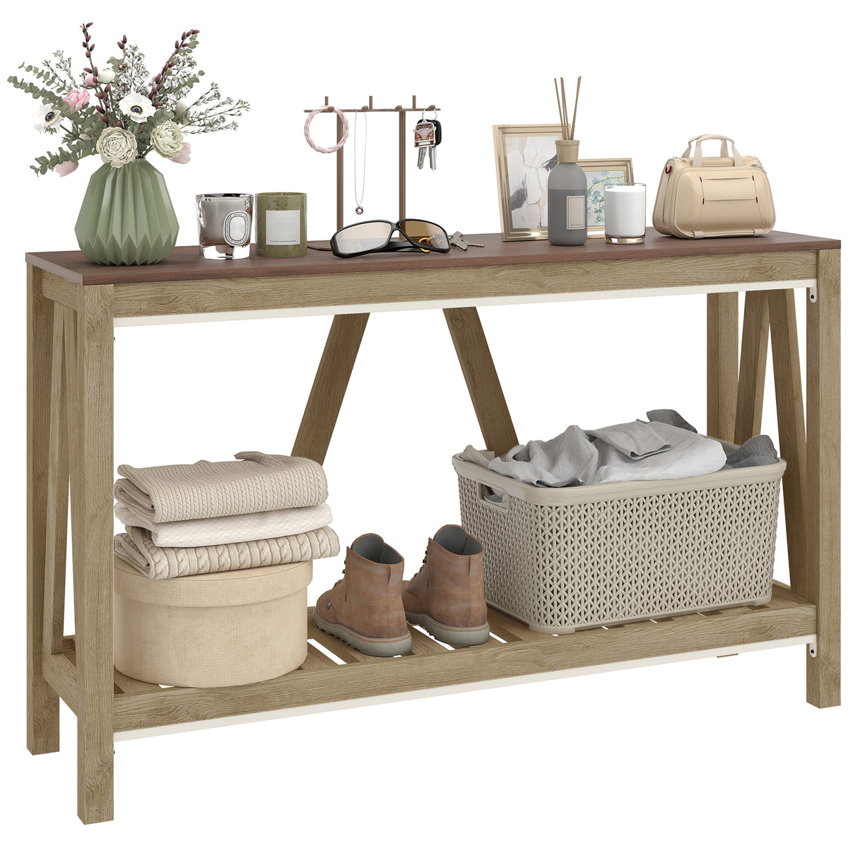 52" Console Table, Farmhouse Narrow Entryway Table with Storage Shelf