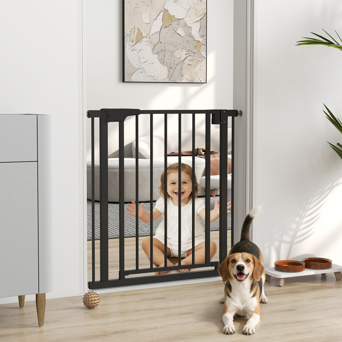 Baby Gate, Pet Safety Gate Pressure Fit, 30"-32" Wide with Two-Way Open, Auto-Close for Stair, Doorways, Hallways, Black