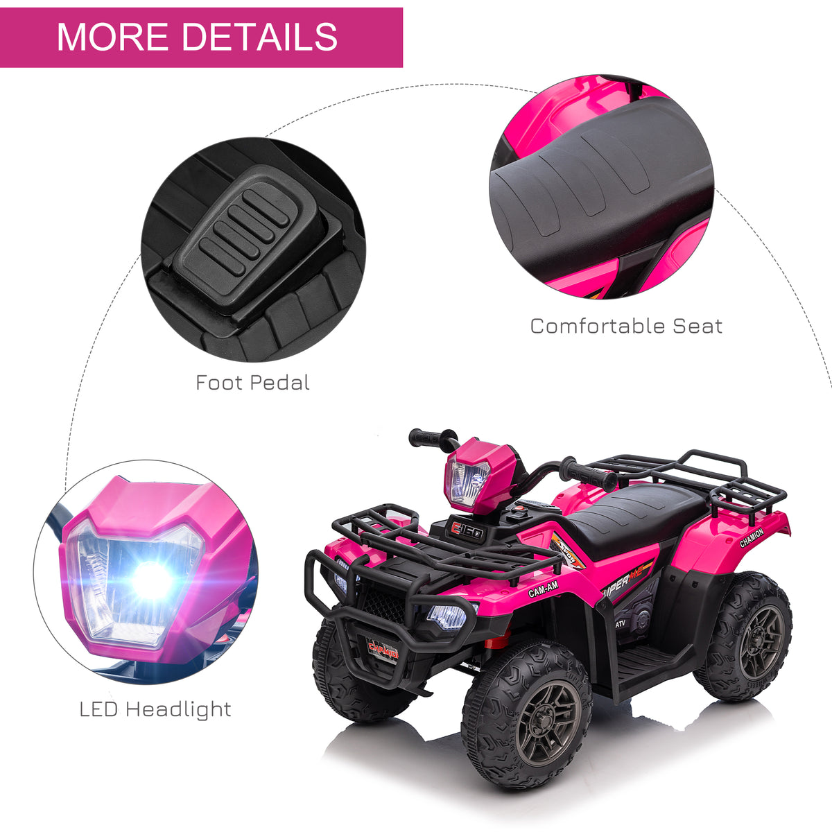Aosom 12V Kids ATV Quad, 4 Wheeler Battery Powered Electric Vehicle with Music MP3, Headlights, High Low Speed, Treaded Tires, for Boys and Girls Ages 37-60 Months