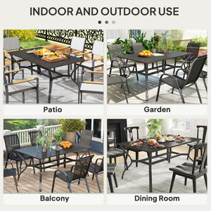 Rectangle Patio Dining Table with Umbrella Hole, Outdoor Dining Table for 6 with Steel Frame for Garden, Balcony, Black