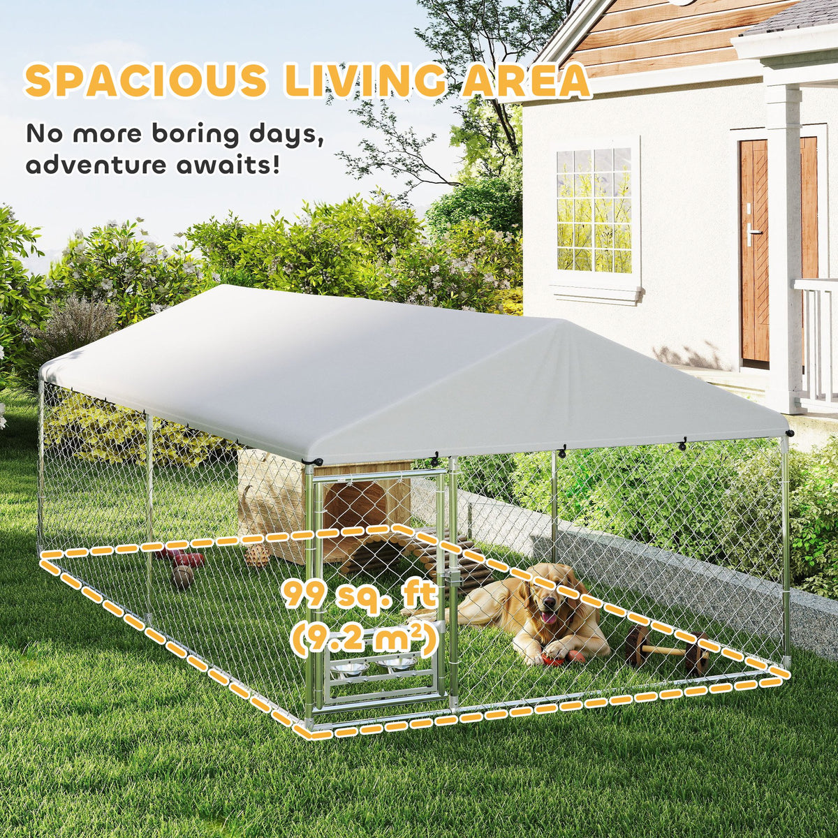 Outdoor Dog Run w/ Adjustable & Rotating Bowls, Water-Resistant UV-Resistant Cover, Secure Lock, 6.6' x 6.6' x 5.1'