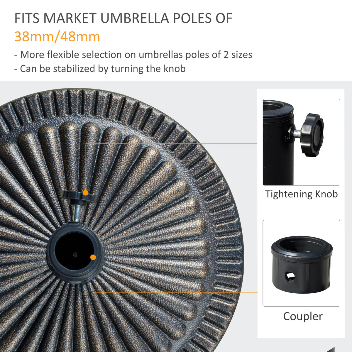 Round Umbrella Base Φ19.1", 31.5 lbs Resin Stand with Decorative Design for Poles 1.5"/1.9", Bronze