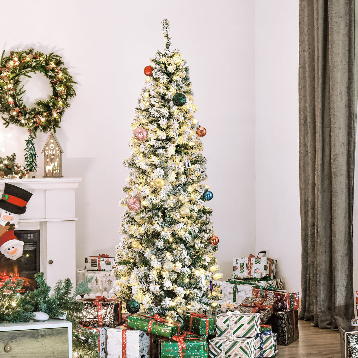 6ft Prelit Artificial Pencil Christmas Tree, Snow Flocked Slim Xmas Tree with Warm White LED Lights - Green – view 9