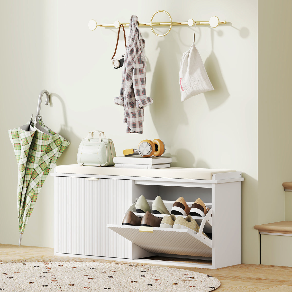 Entryway Bench with Padded Seat and Flip-Drawers, Holds up to 265lbs – view 14