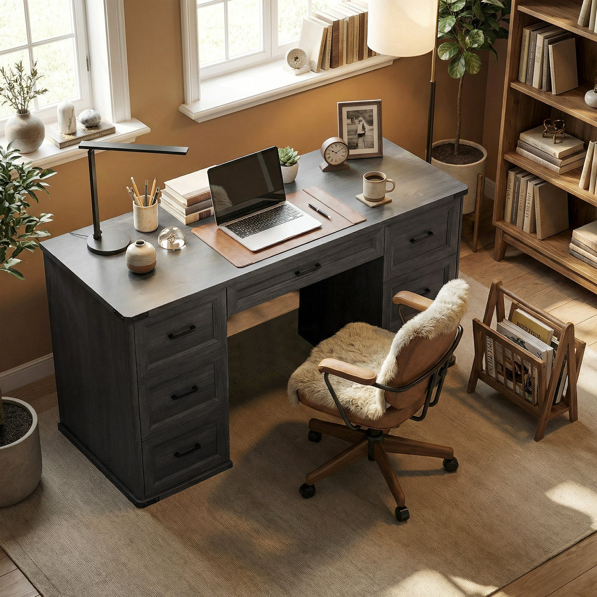 55" Computer Desk with 7 Drawers, Farmhouse Executive Desk for Home Office, Study, Bedroom, Black Wood Grain – view 7