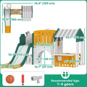 Qaba 7-in-1 Toddler Slide, Kids Slide Climber Playset with Playhouse and Basketball Hoop for 1-4 Years