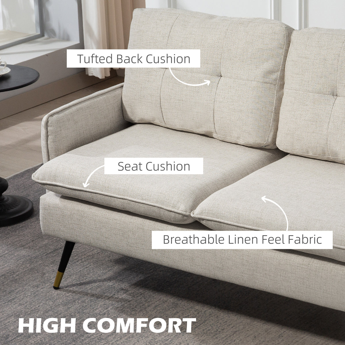 55" Loveseat Sofa, Linen Love Seat w/ S spring, Steel Legs and Button Tufting, Small Couch for Living Room – view 10