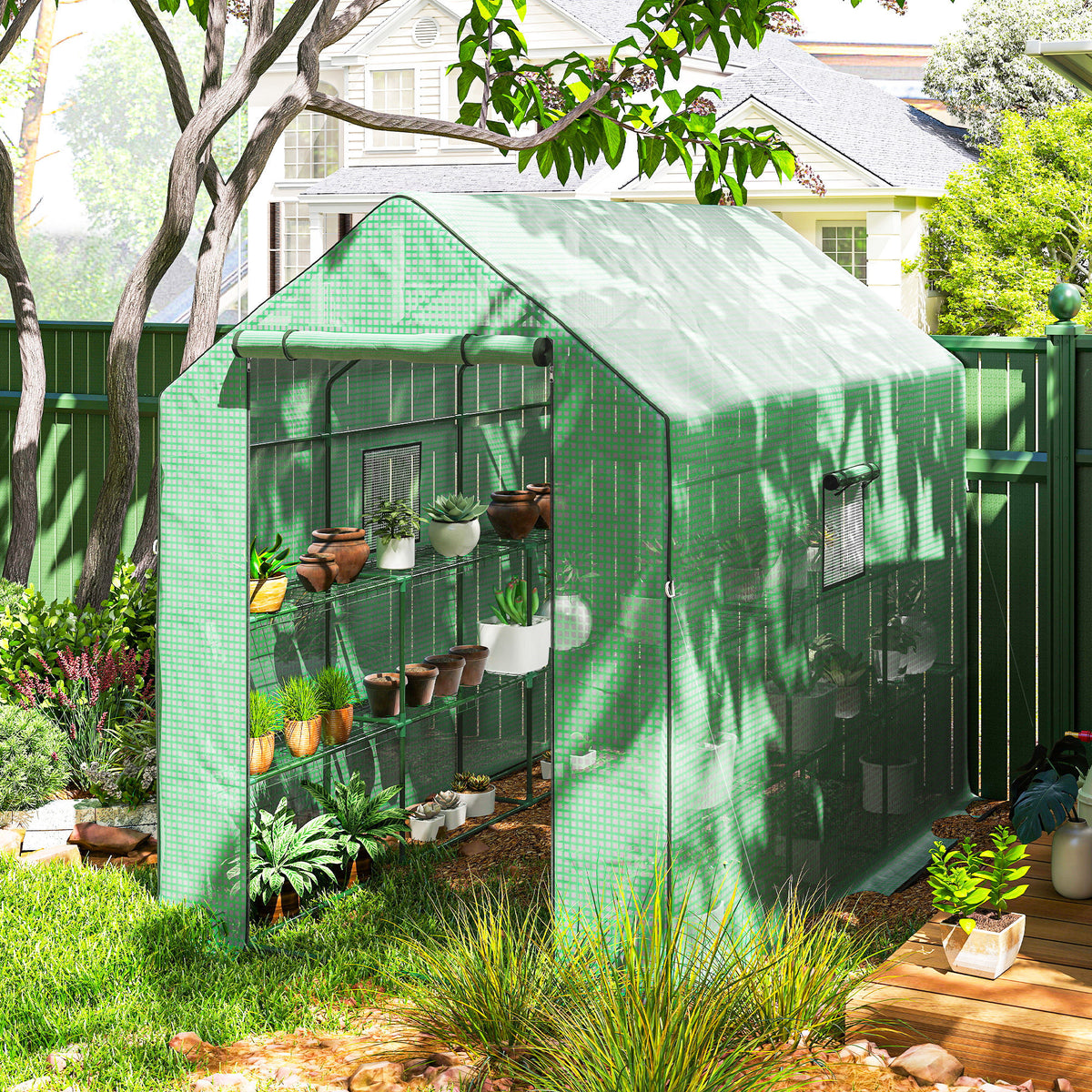 Walk-in Greenhouse with 3 Tier, Garden Plant Growhouse with Roll-up Door and Mesh Windows – view 7
