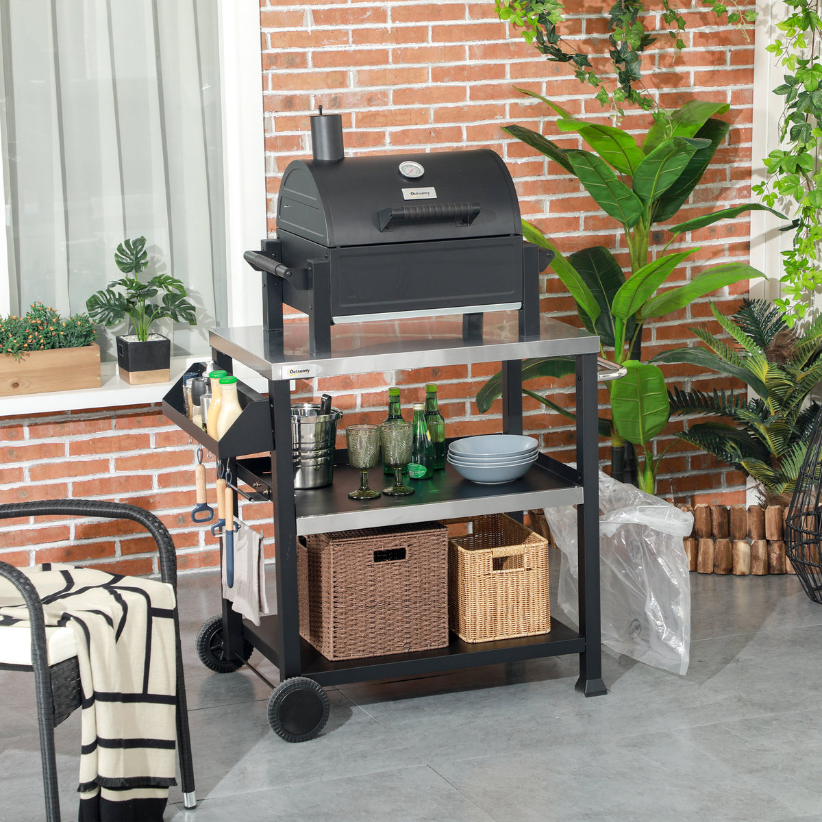 3-Shelf Outdoor Grill Cart Table with Side Handle, Stainless Steel Pizza Oven Stand on Wheels, Black – view 7