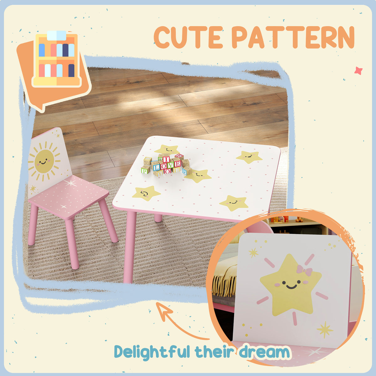 Qaba 3-Piece Kids Table and Chair Set with Animal Pattern for Boys and Girls Aged 3-8, Bedroom, Nursery, Playroom