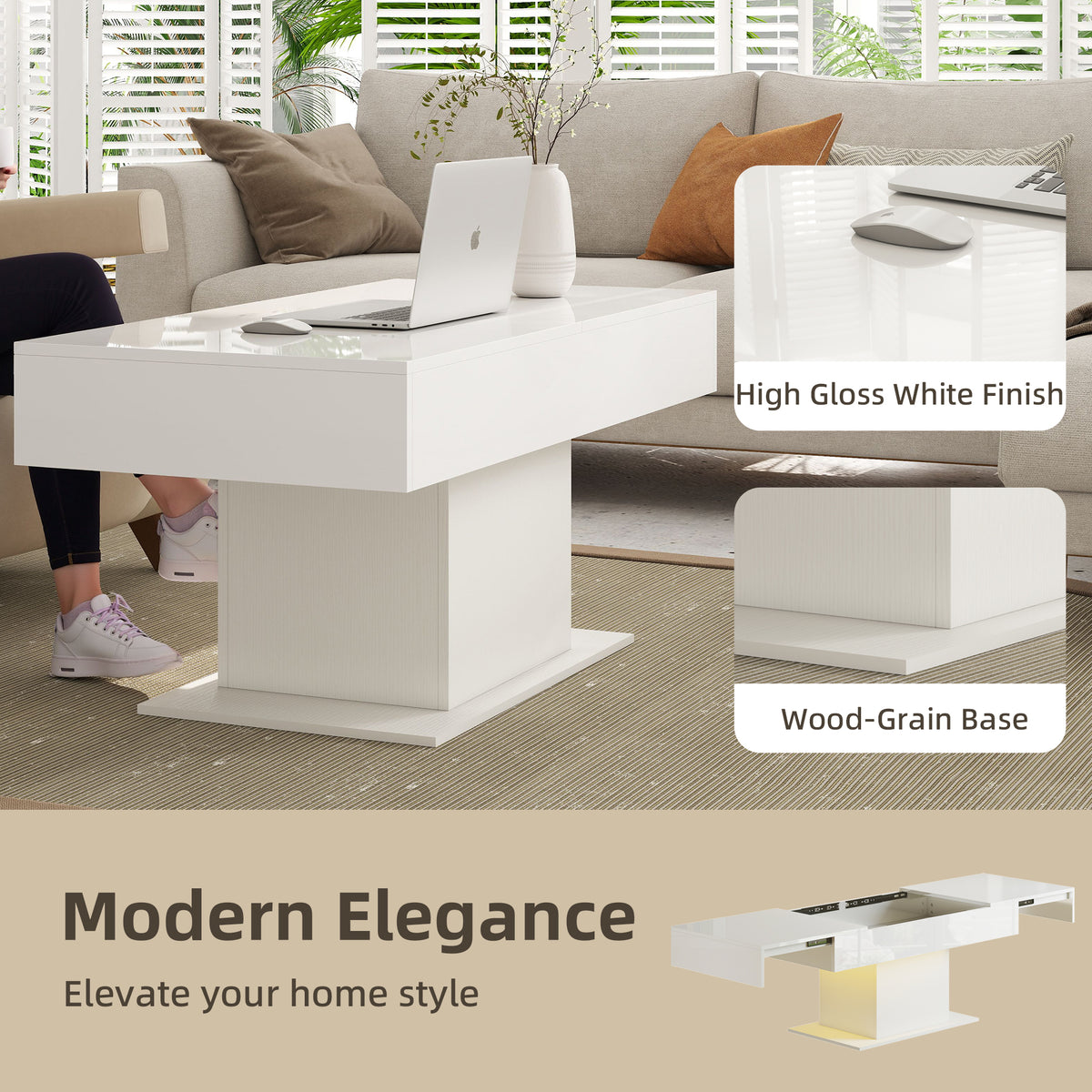 Extendable Coffee Table with LED Lights, Modern High Gloss Center Table with Hidden Storage for Living Room, White