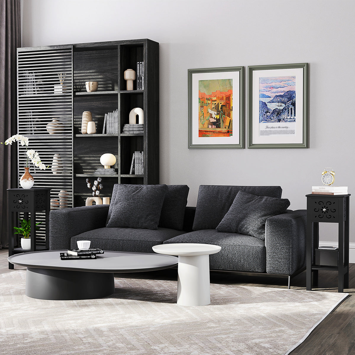 Nightstand Set of 2 with Drawer and Open Storage Shelf Black – view 7