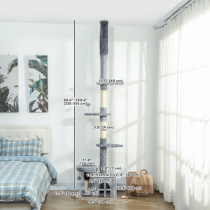 Floor to Ceiling Cat Tree, 4 Tiers Tall Kitty Climbing Tower with Scratching Post, Adjustable Height 87-100"