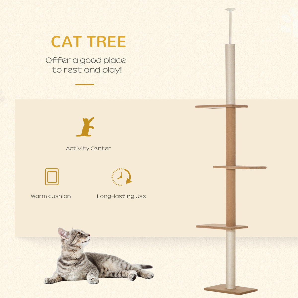 100" Floor To Ceiling Cat Tree w/ 3 Perches Activity Center for Kittens Cat Tower Furniture, Brown