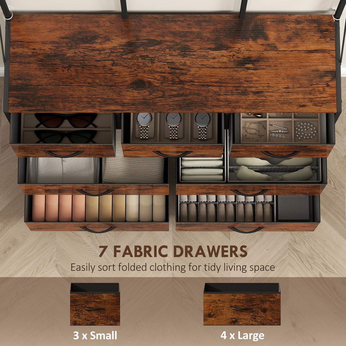4-In-1 Coat Rack with 7 Drawer Fabric Dresser, Hall Tree with 14 Hooks for Hallway, Entryway, Bedroom, Rustic Brown