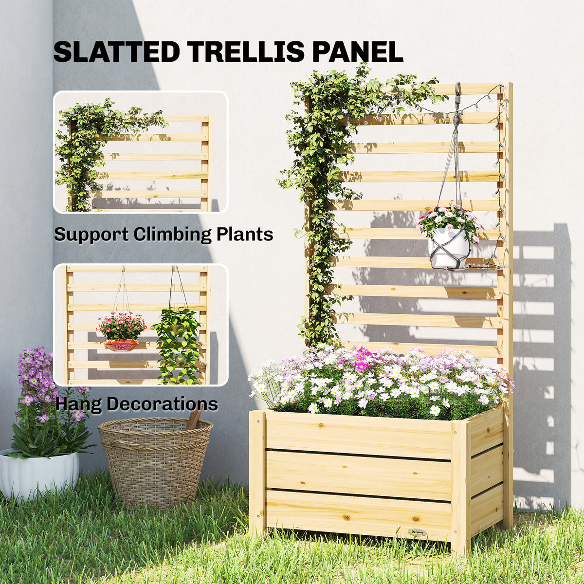 Wooden Raised Garden Bed with Trellis, Outdoor Elevated Planter Box with Drainage Hole and Bed Liner