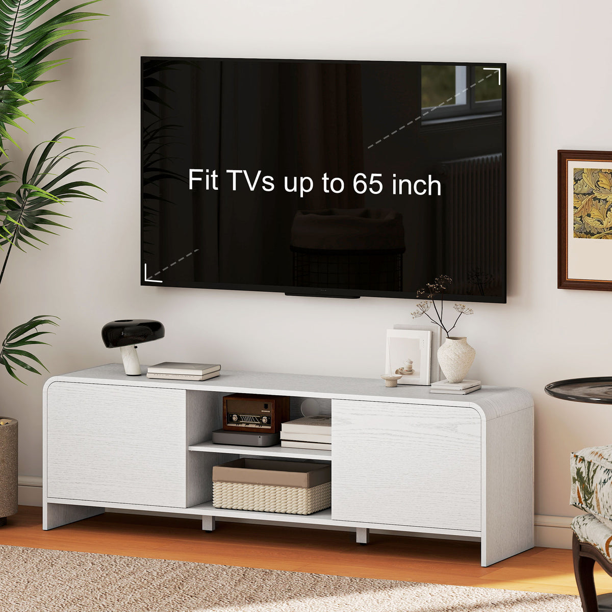 TV Stand for up to 65 Inch TV, Nordic Entertainment Center with 2 Cabinets and 2 Open Shelves for Living Room, Natural