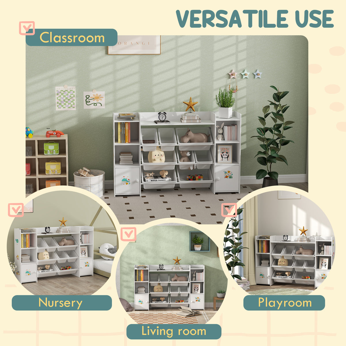 Qaba Kids Toy Organizers and Storage with 8 Removable Storage Bins and Bookshelf, White