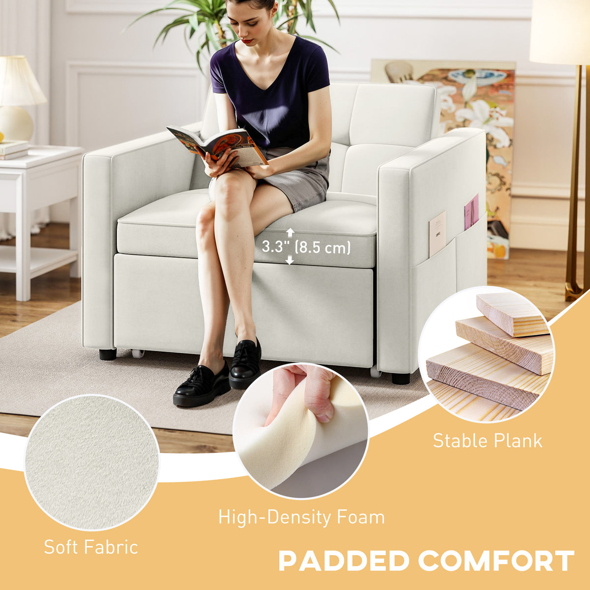 Convertible Chair Bed, Pull Out Sleeper Chair with USB, Adjustable Backrest, Small Velvet Futon Sofa Bed – view 6