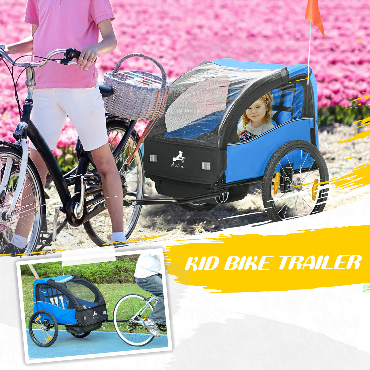 Aosom 2 Seat Bike Trailer for Kids, Baby Stroller with Storage Bag, 5 Point Harness, Bicycle Trailer with 20" Wheels
