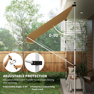 10x5ft Manual Retractable Awning, Patio Sun Shade Canopy Shelter with 5.6-9.2ft Support Pole, Water Resistant UV Protector, for Window, Door, Porch, Deck, Grey
